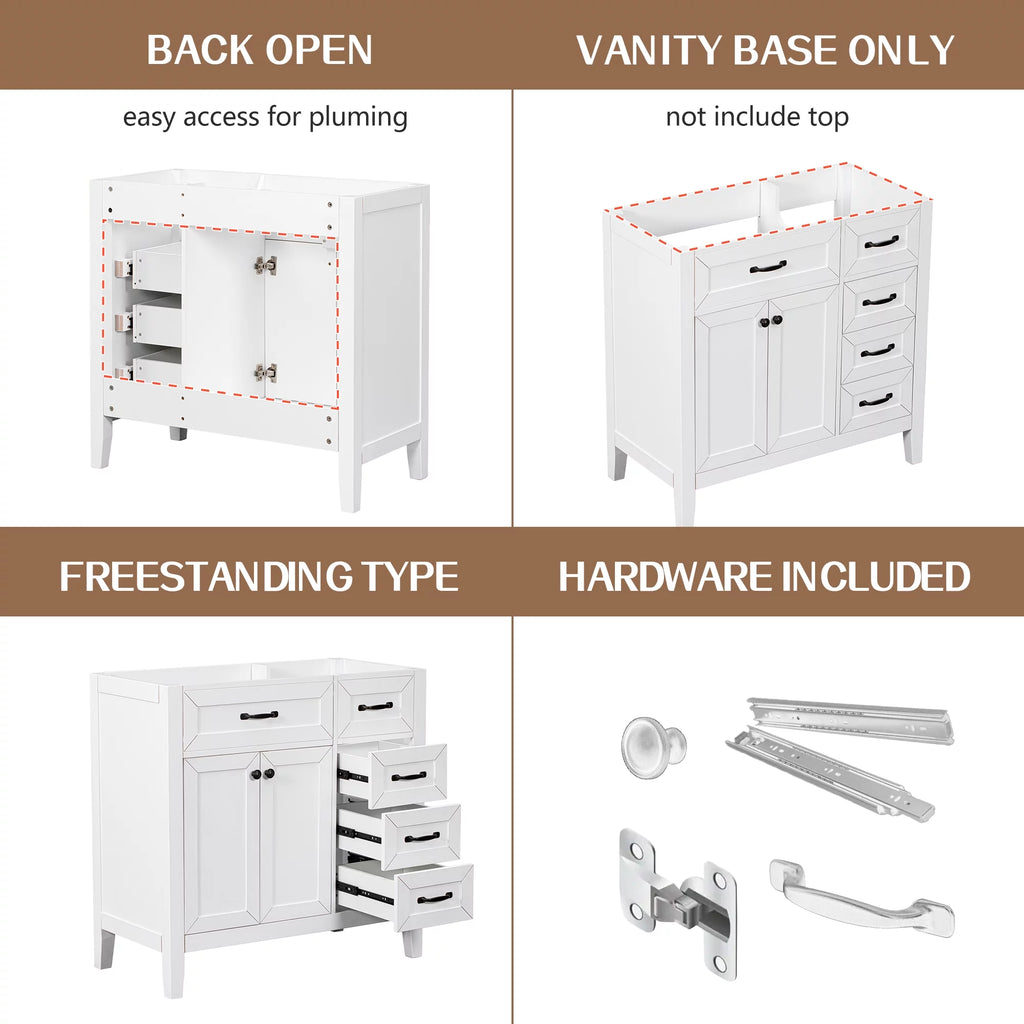 36" White Single Bathroom Vanity with 2 Doors & 3 Drawers A95733