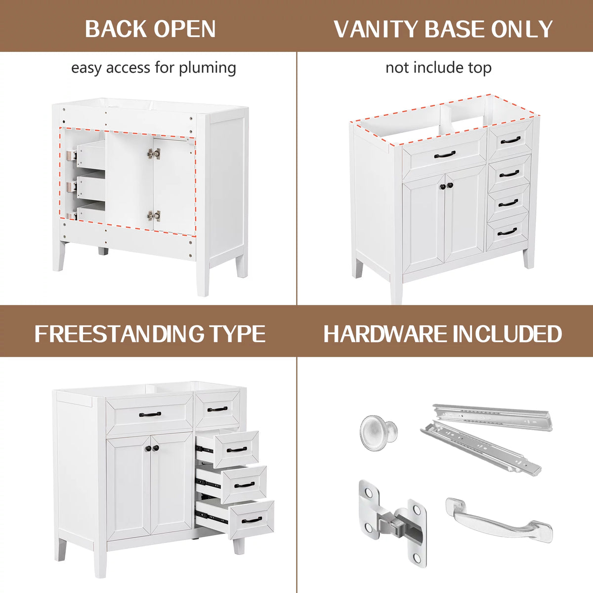 36" White Single Bathroom Vanity with 2 Doors & 3 Drawers A95733