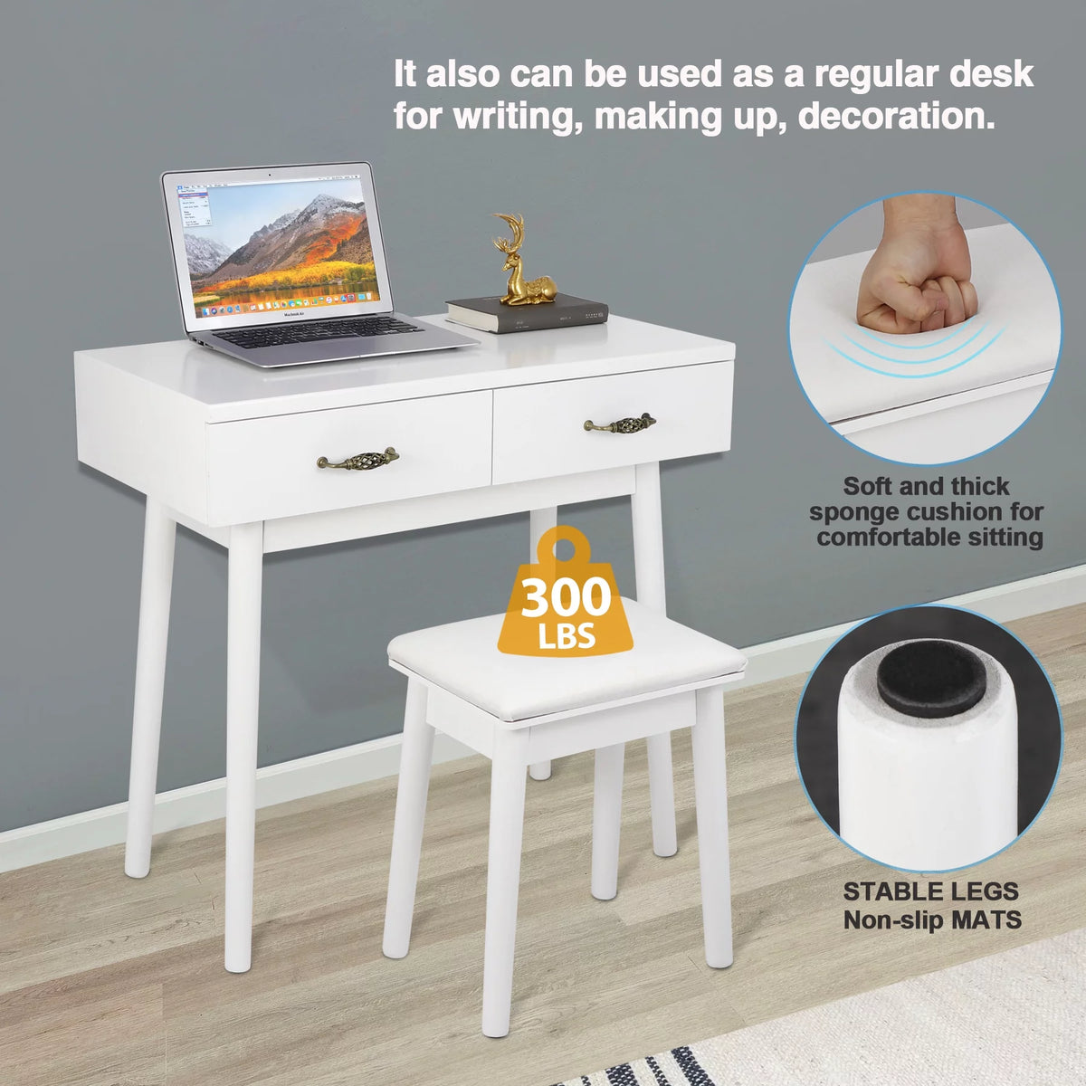 White Vanity Table Set with Lighted Mirror and 4 Drawers B628