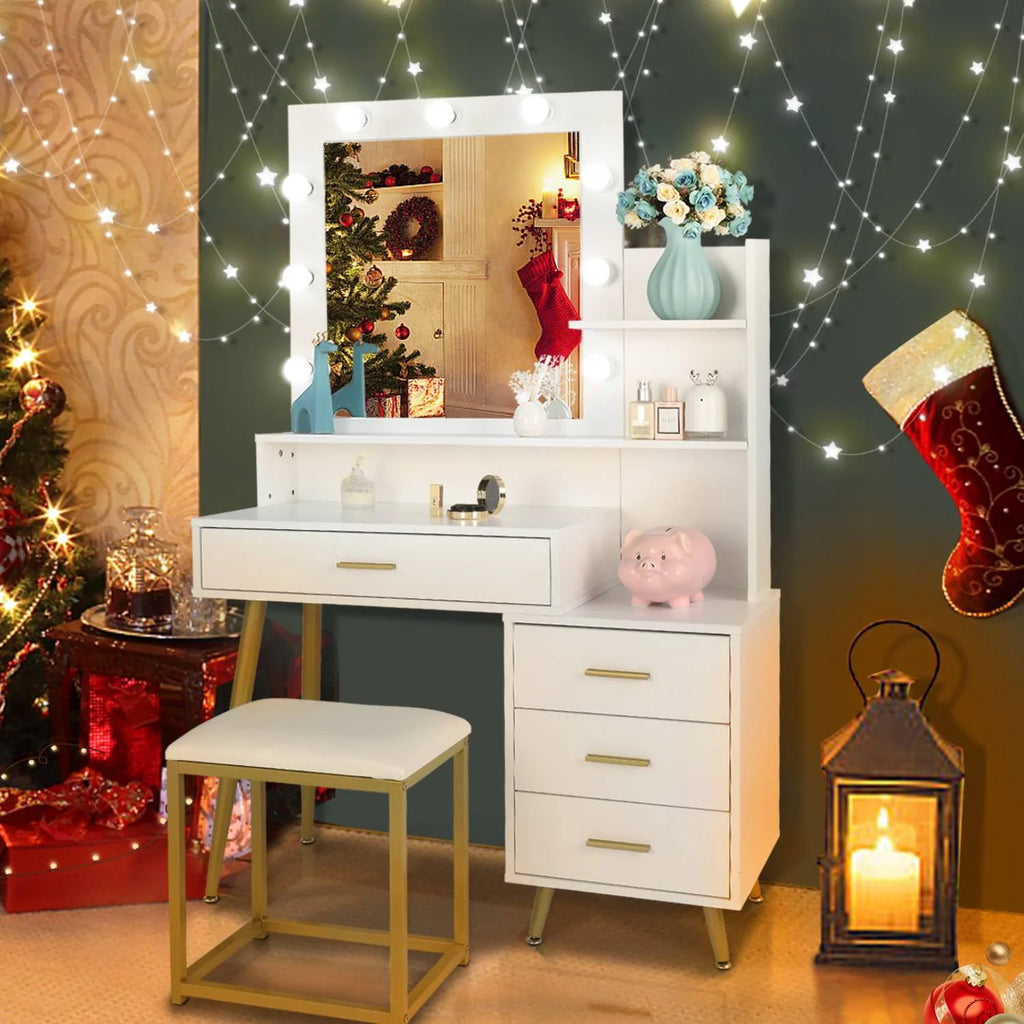 White Vanity Table Set with Lighted Mirror and 4 Drawers S97328