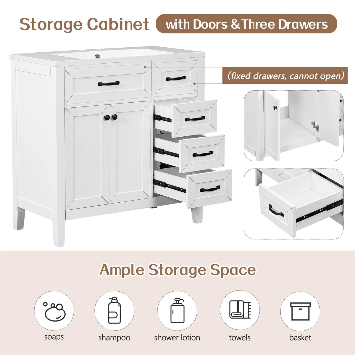 36" White Single Bathroom Vanity with 2 Doors & 3 Drawers A95733