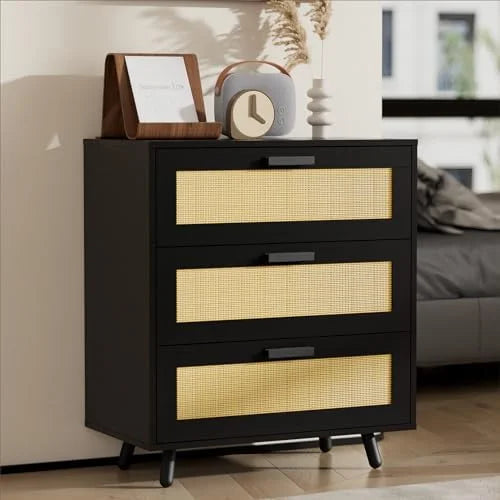 Black 3 Drawer Rattan Dresser U76283