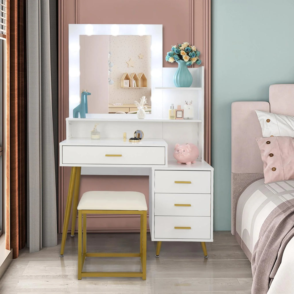 White Vanity Table Set with Lighted Mirror and 4 Drawers S97328