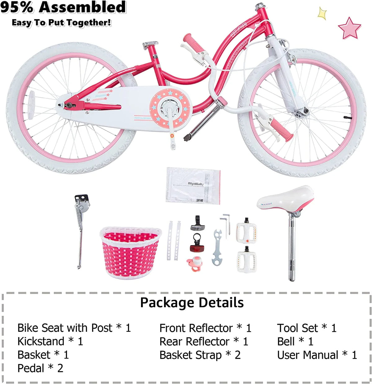 20 Inch Kids Bike with Kickstand Basket Pink C18434