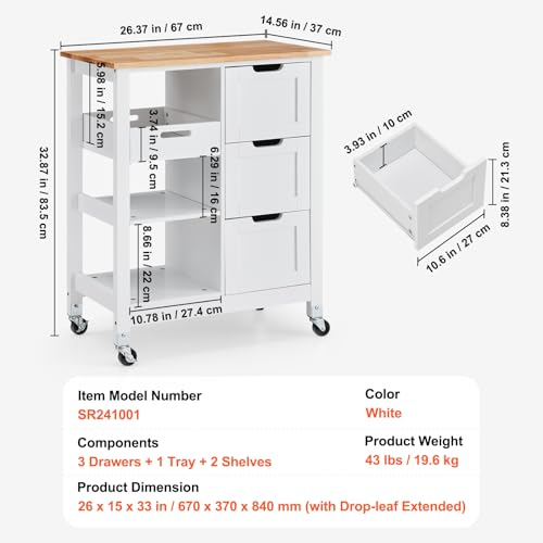 White 26 inch Rolling Kitchen Island Cart with 3 Drawers and Shelves K12249