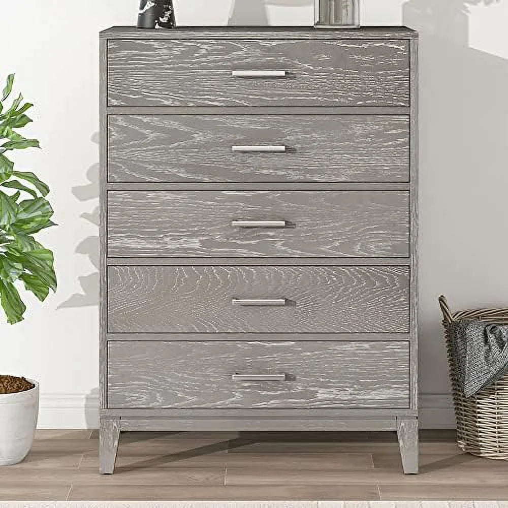Grey 5-Drawer Dresser Chest of Drawers with Metal Handles N192