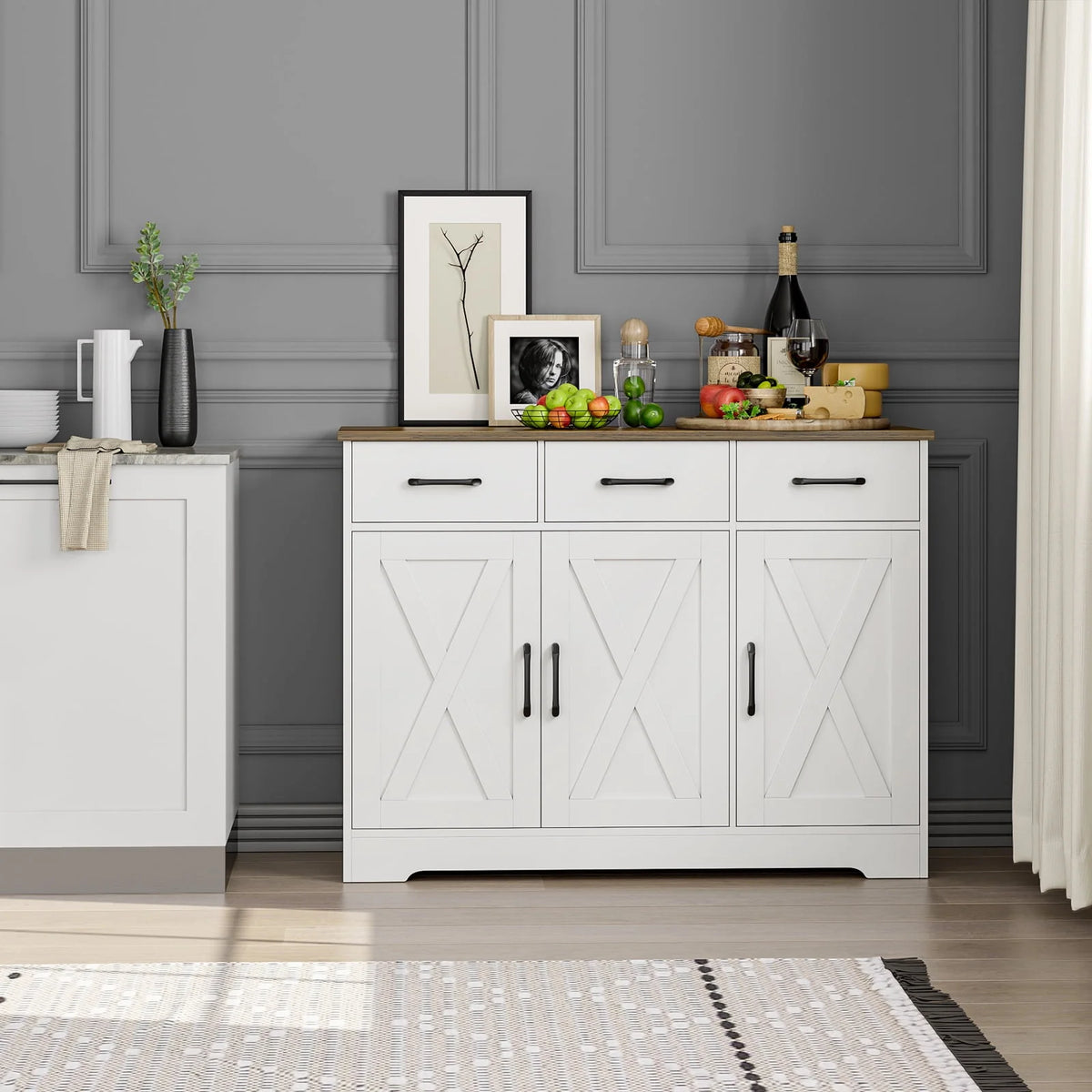 White 3 Drawer Kitchen Buffet Sideboard Cabinet with Adjustable Shelf J781