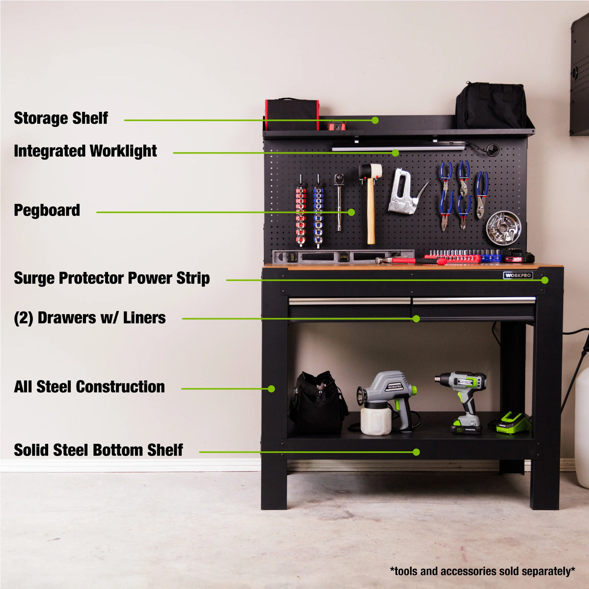45-in Steel Multipurpose Workbench with LED Light & Power Strip I175