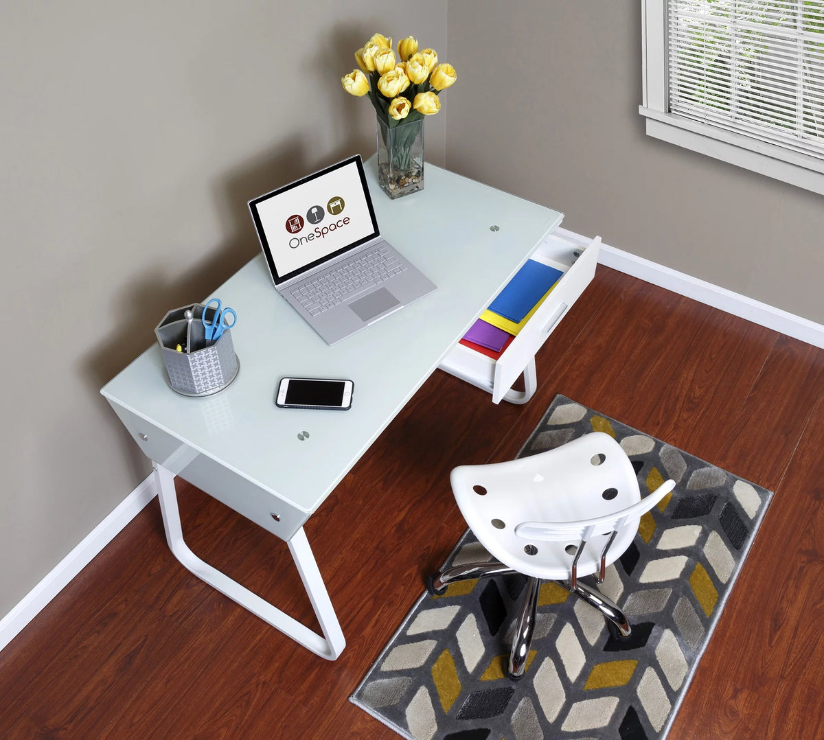 Glass Computer Desk with Drawers W406036