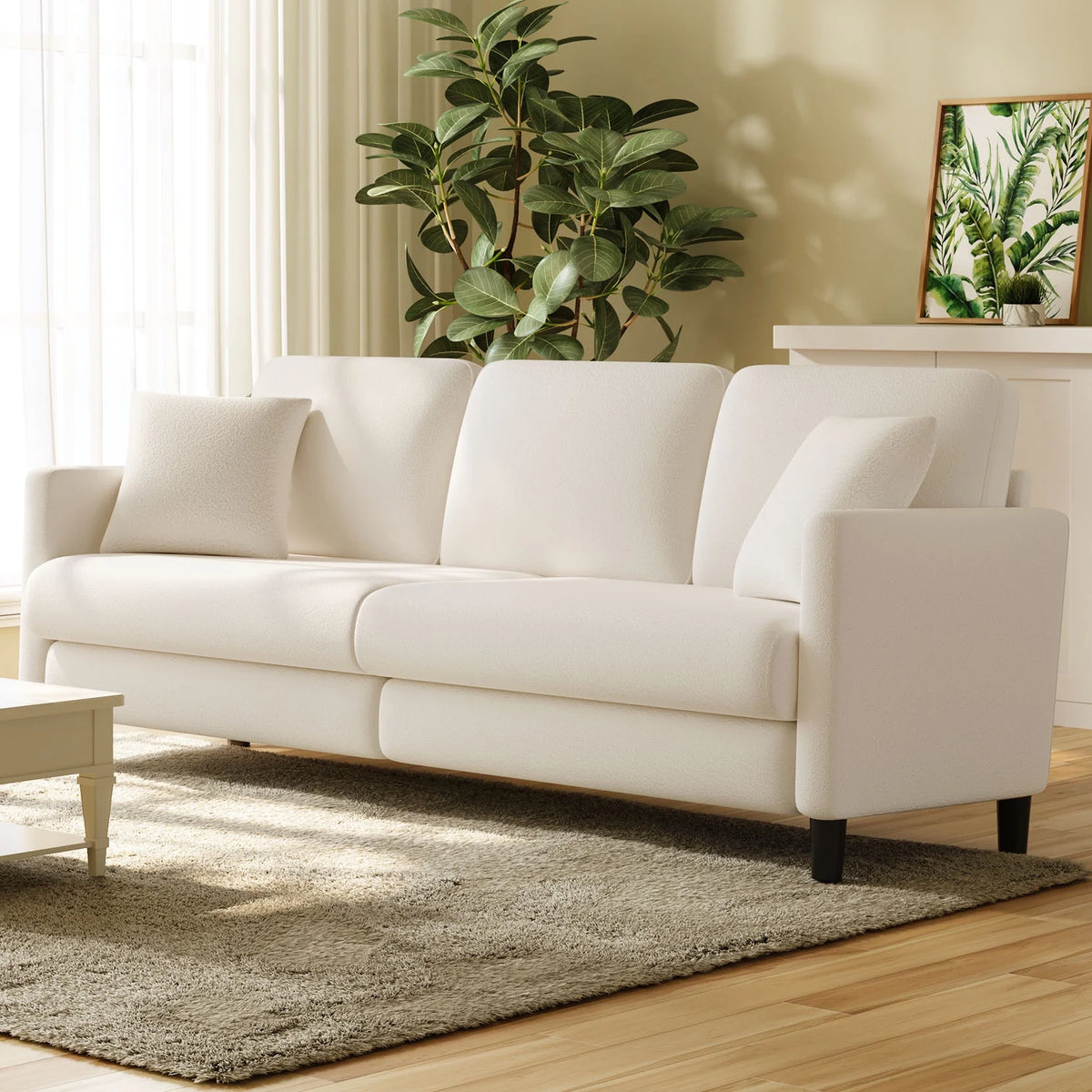 Off-White Velvet 3 Seater Sofa with 2 Pillows L868753