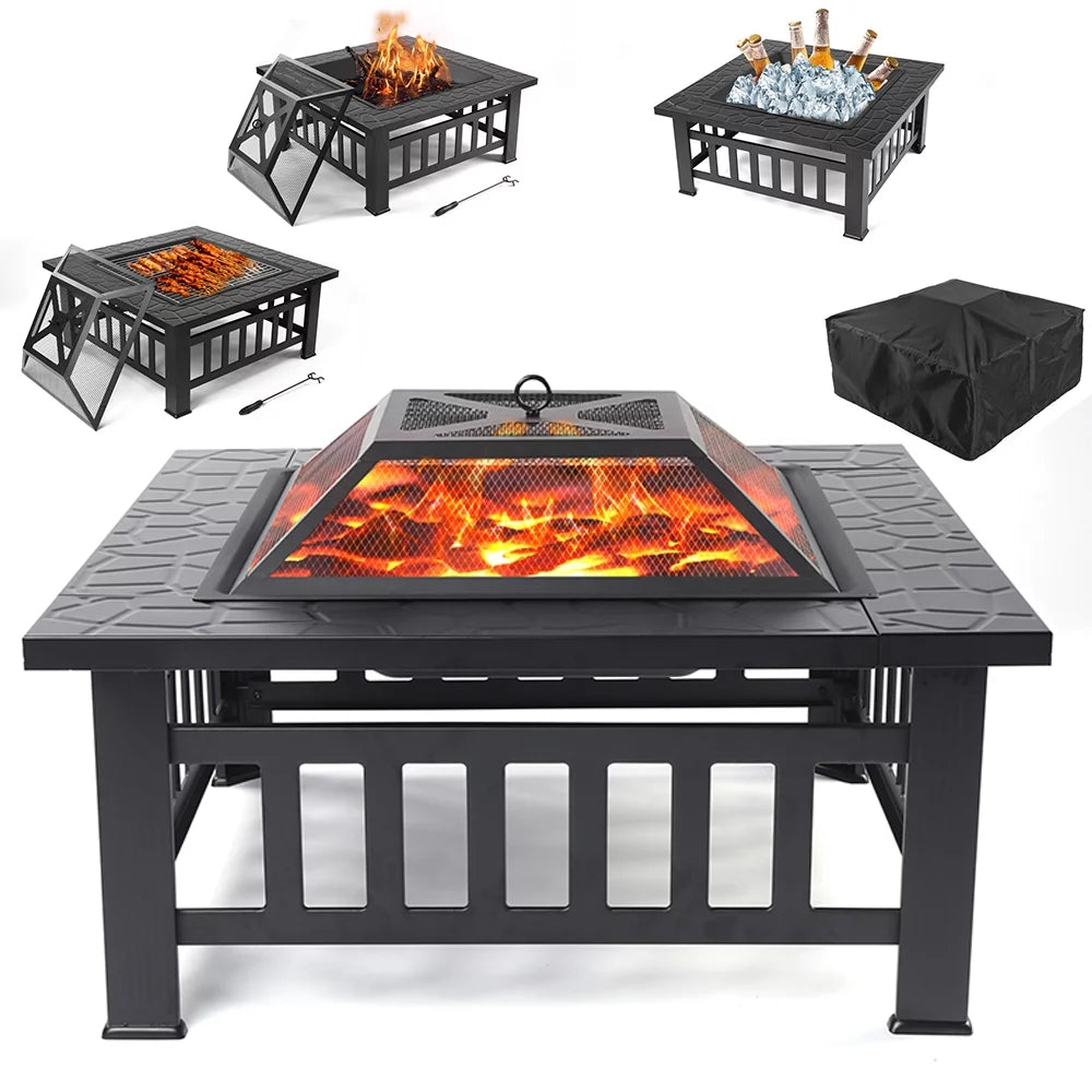 32 Square Iron Wood Burning Fire Pit with BBQ Net Y431