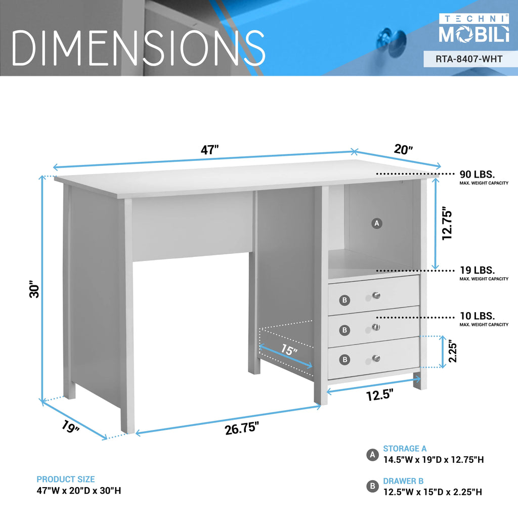 Contemporary Desk with 3 Storage Drawers, White K835