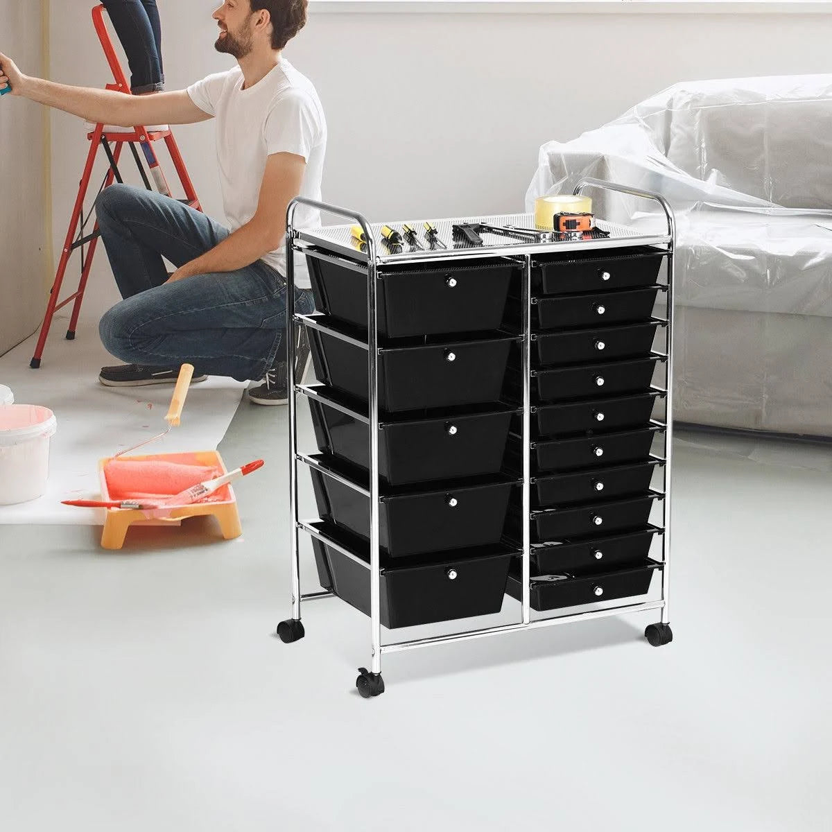 Black 15 Drawer Rolling Storage Cart S3973