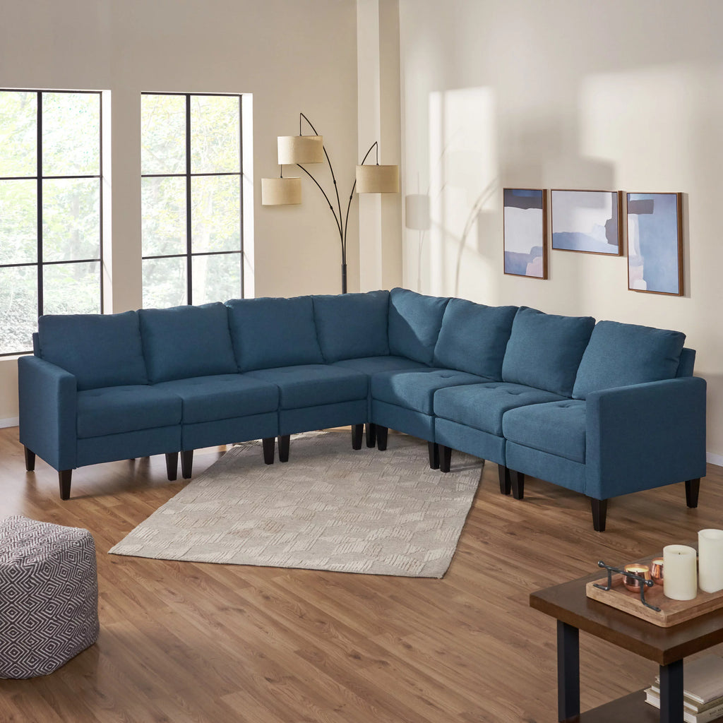 7 Piece Dark Blue Fabric Sectional Couch S506
