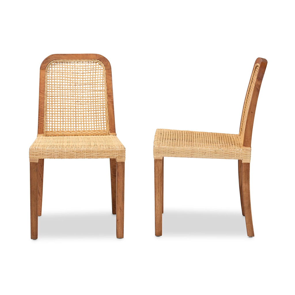 Walnut Brown Wood and Natural Rattan 2-Piece Dining Chair Set C18583