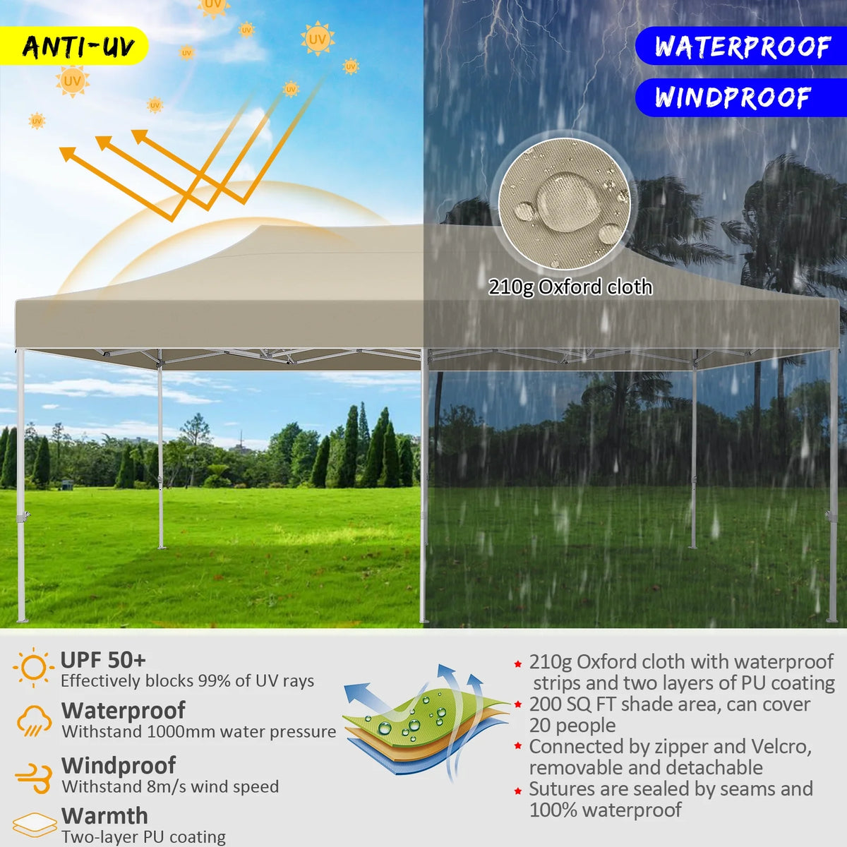 10x20 Pop up Canopy Tent Heavy Duty Waterproof UV 50+ Khaki B527