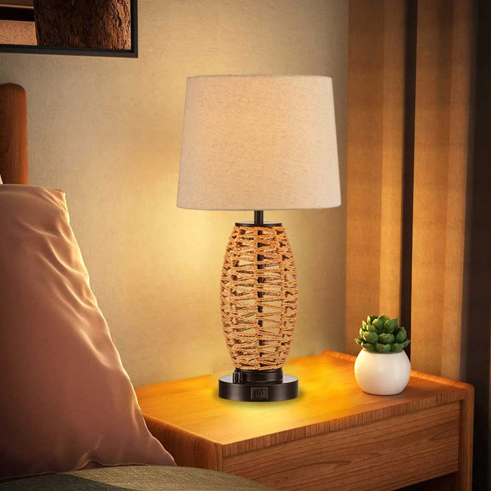 0-100% Dimmable Coastal Rattan Table Lamp with 2 USB Ports J202146