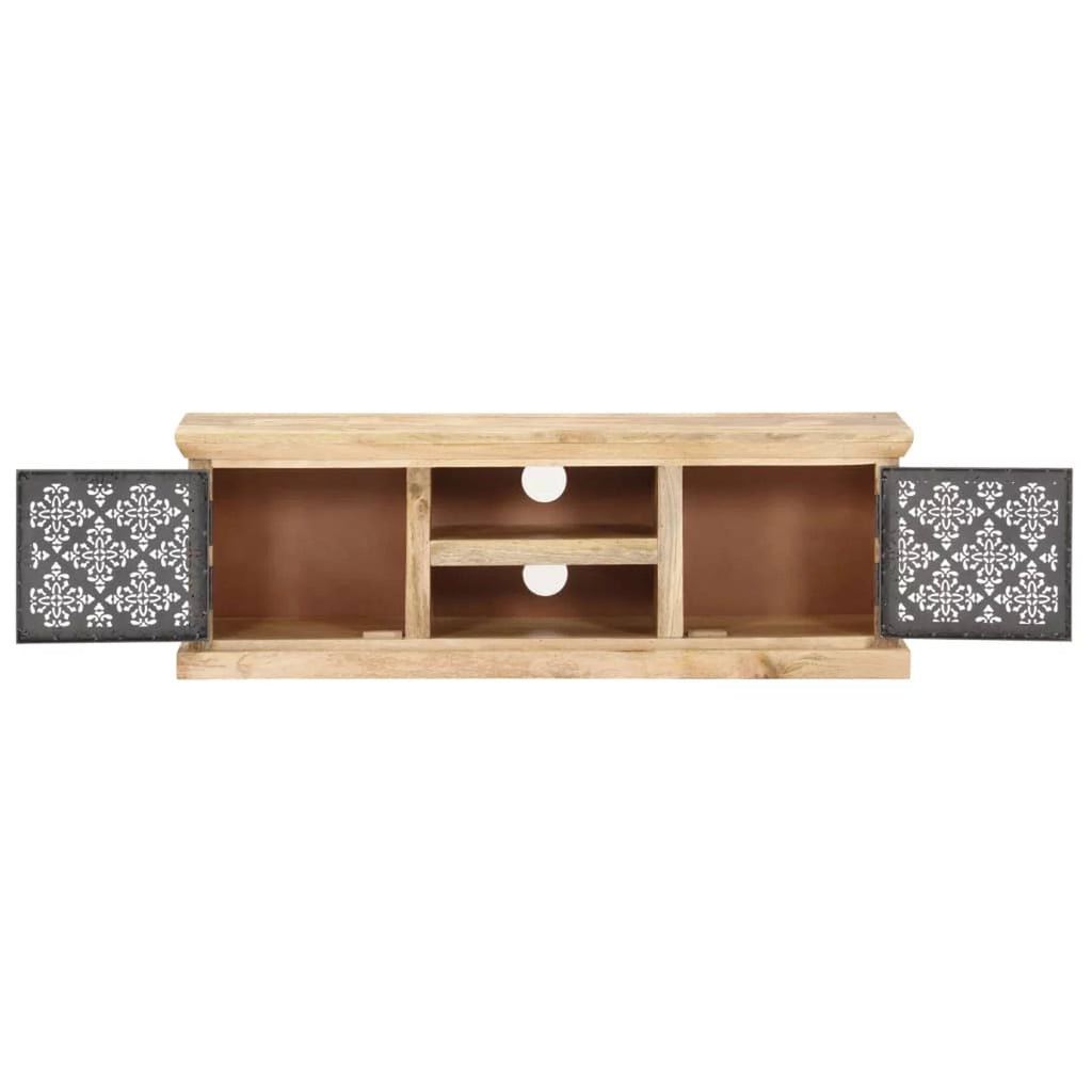 Mango Wood TV Stand with 2 Steel Doors and Open Storage Shelves C3905