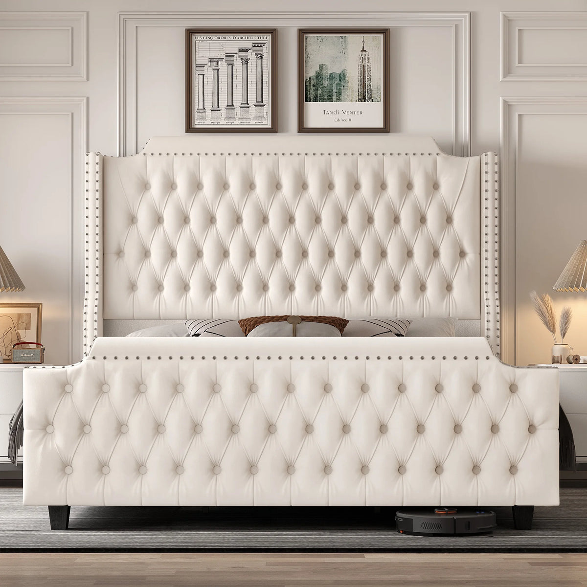 Queen Size Velvet Button Tufted Upholstered Bed with Headboard and Footboard P278