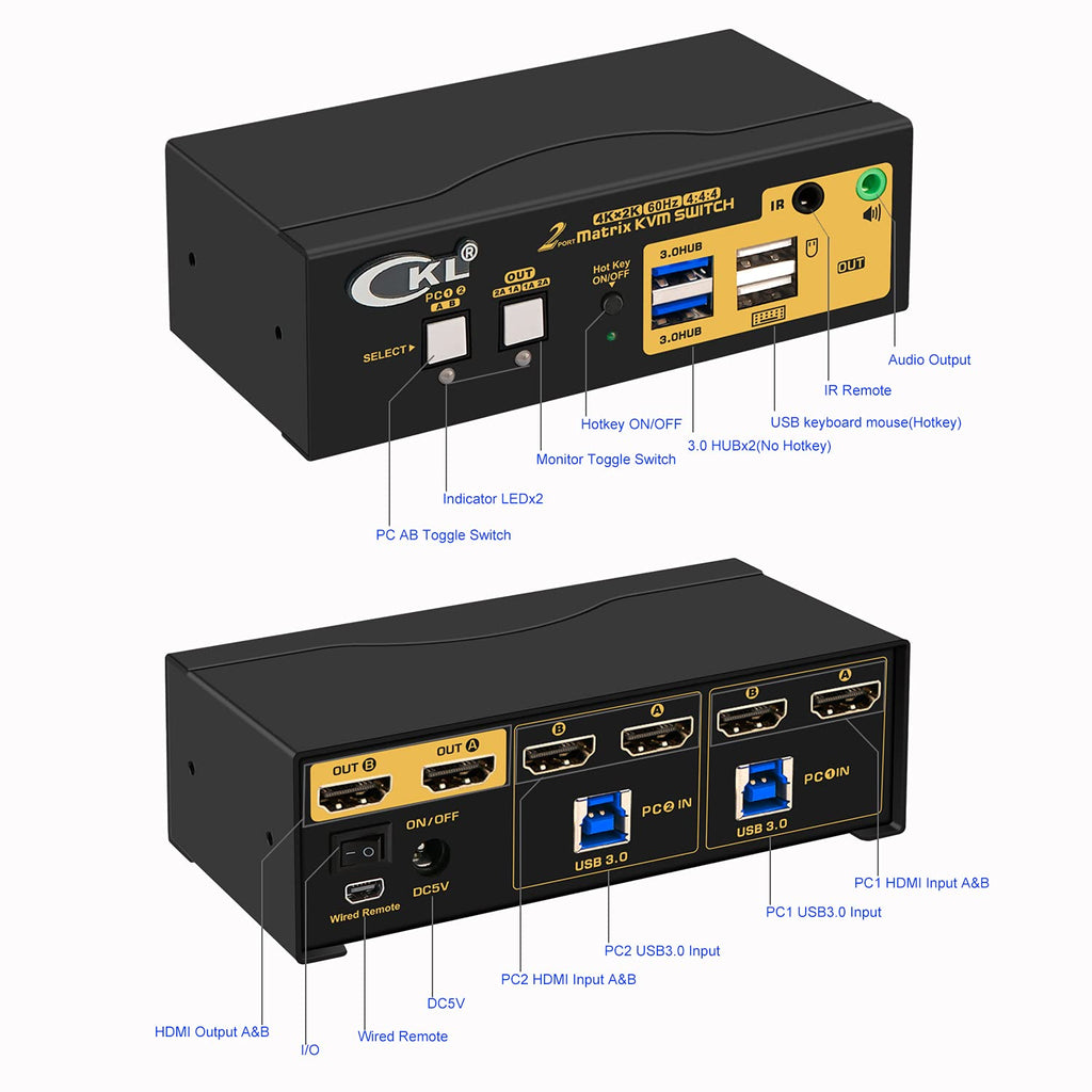 2x2 HDMI KVM Switch Dual Monitor USB 3.0 4K 60Hz with Cables Y171