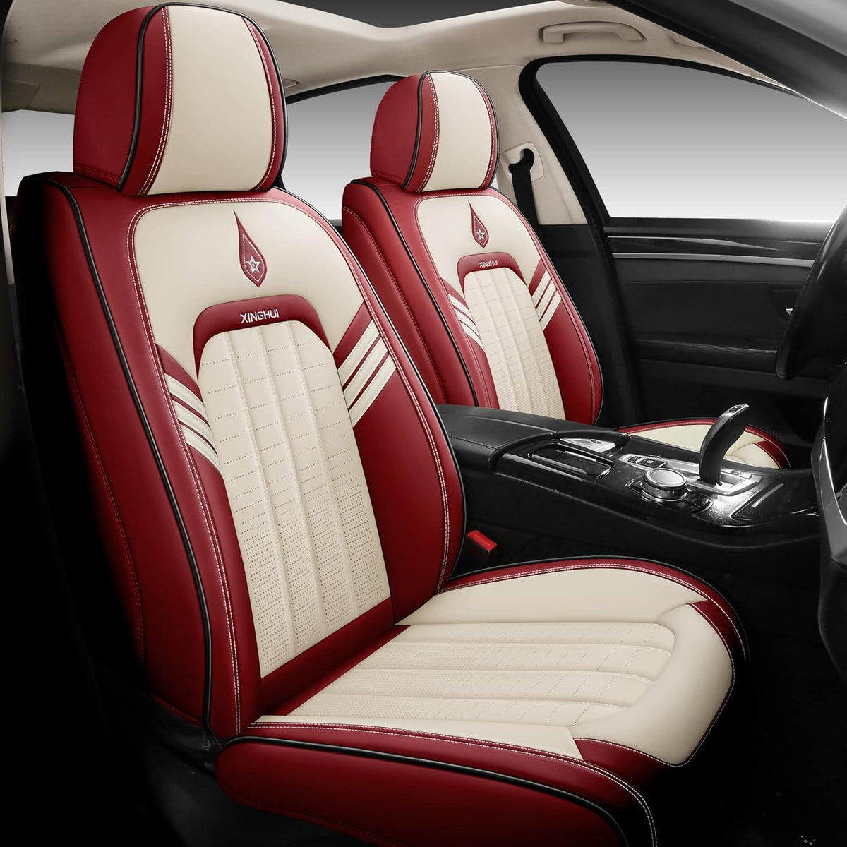 Synthetic Leather Car Seat Covers 5-Seater Full Set Red-White T44528