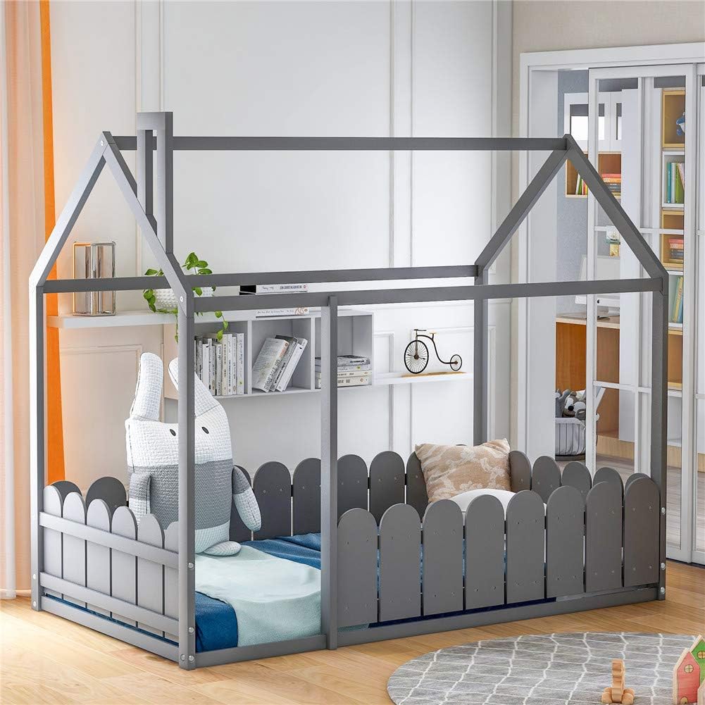 Twin Size Wood House Bed Frame with Fence L43326