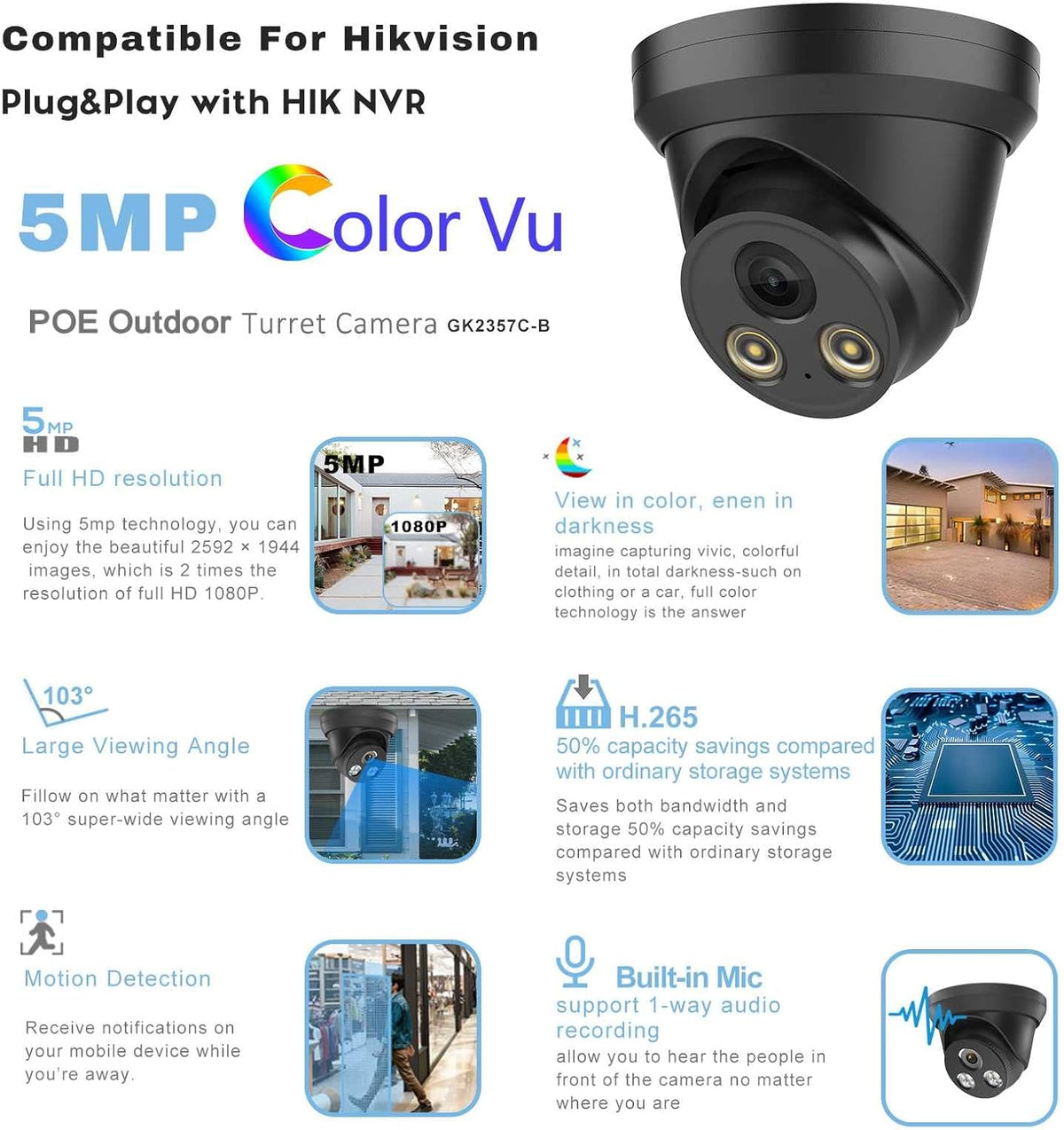 4K 8MP Full Color Night Vision POE IP Security Camera, 2.8mm Fixed Lens, Built-in Mic, IP67 Waterproof G24020