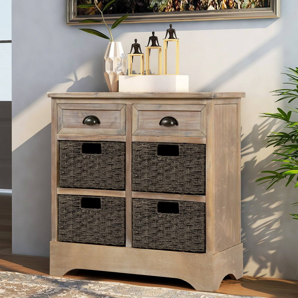 Rustic Storage Cabinet with 2 Drawers and 4 Fabric Basket R30978