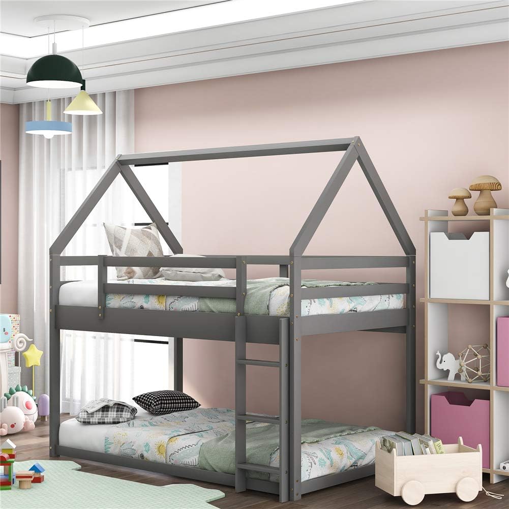 Twin Size Wood House Bed Frame with Fence L43326