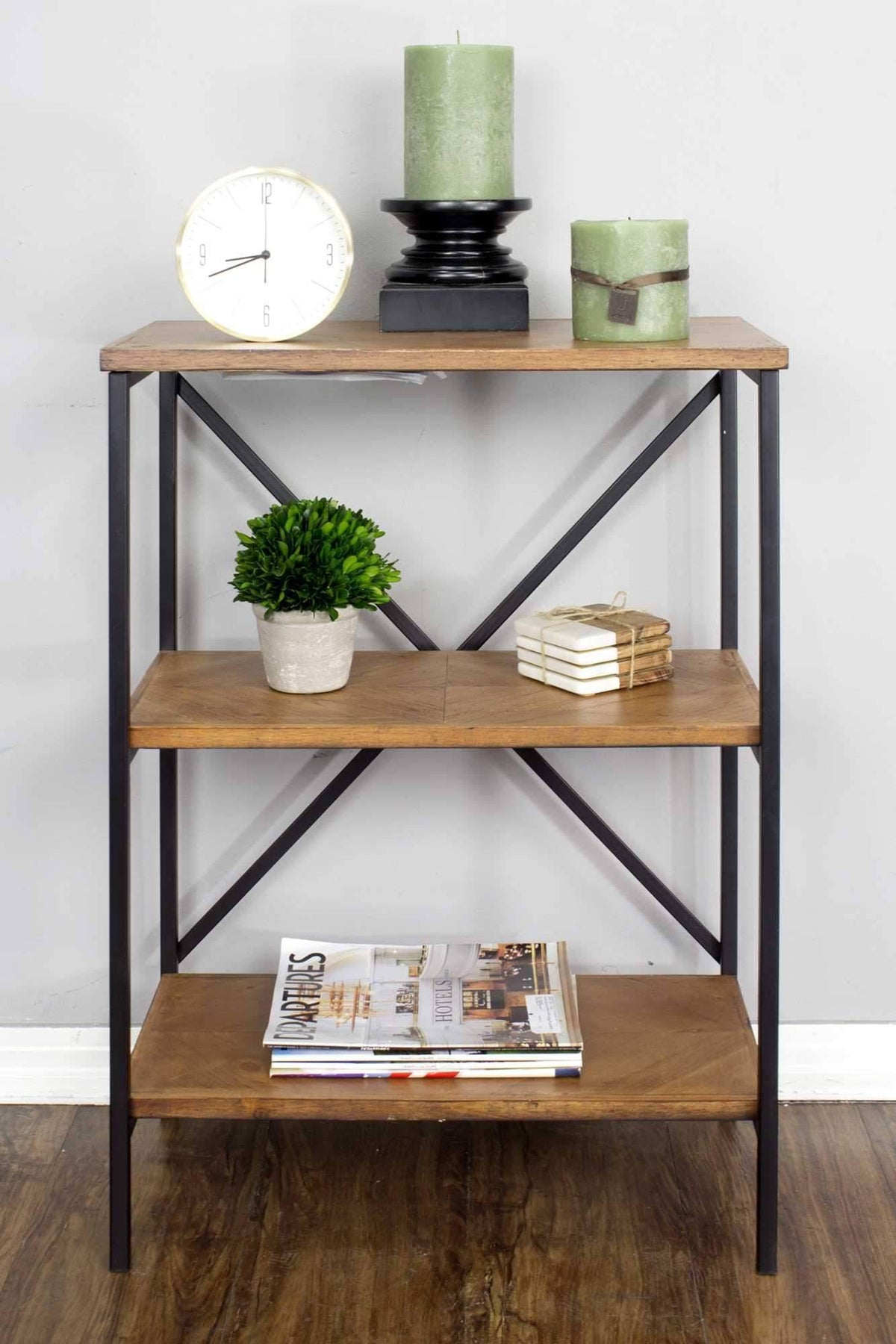 Brown Metal Wood Bookcase with 3 Shelves U6870
