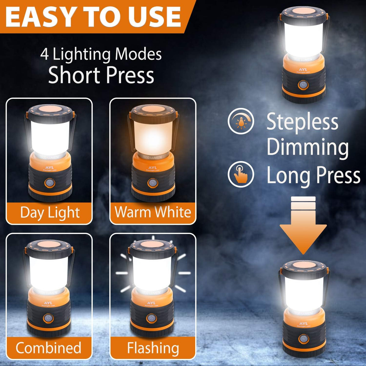 Rechargeable LED Camping Lantern 1800LM 4 Light Modes IP44 Waterproof Pack of 2 X6422
