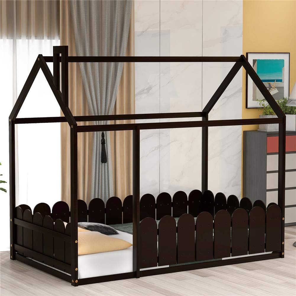 Twin Size Wood House Bed Frame with Fence L43326