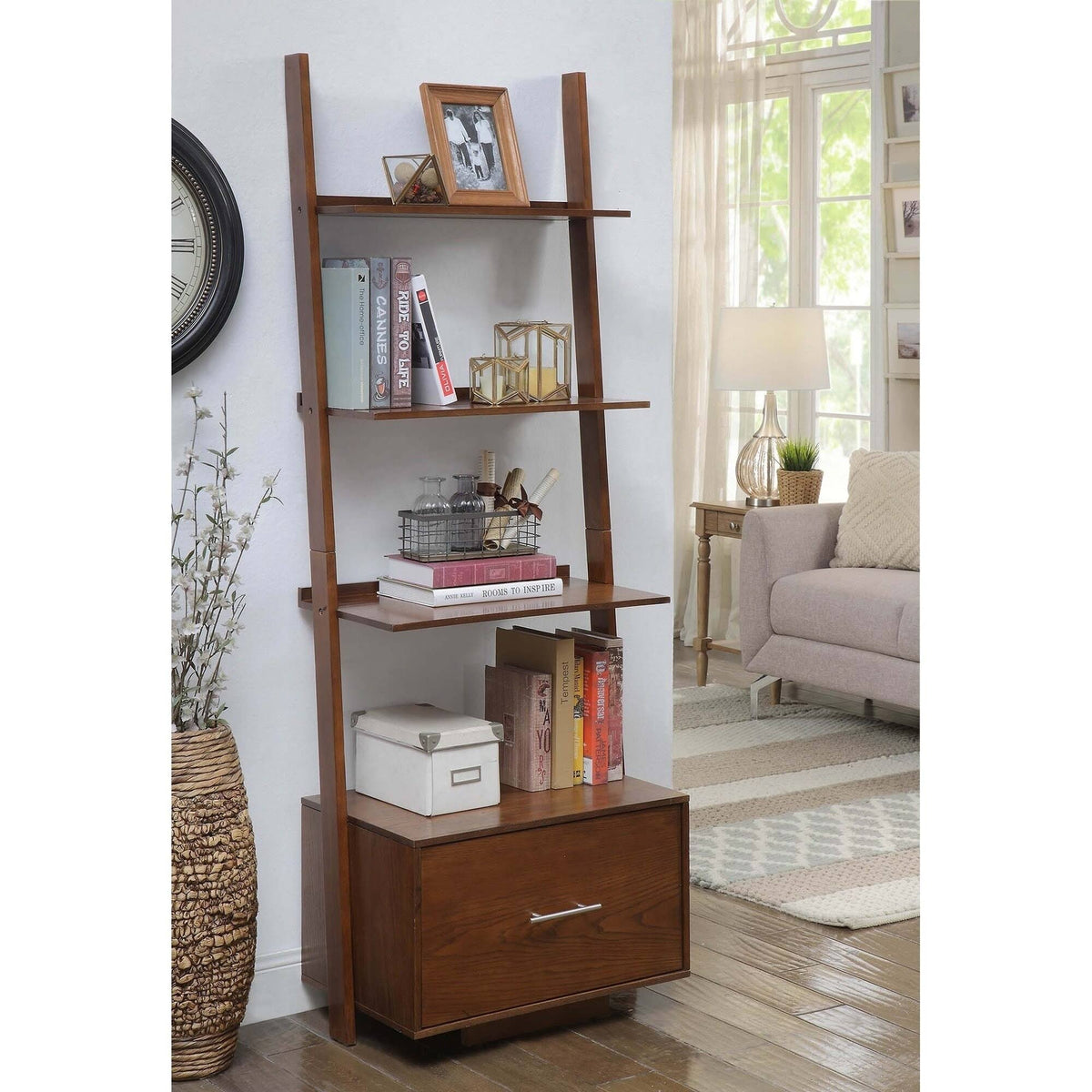 Dark Walnut Ladder Bookcase with File Drawer J13343