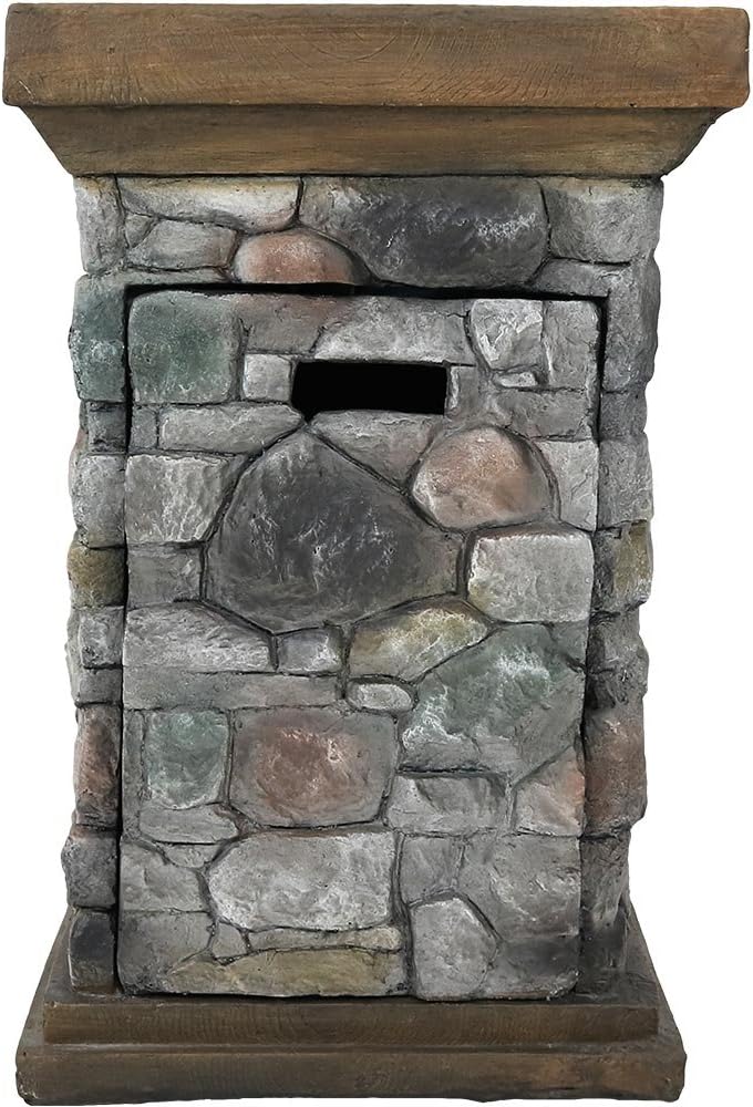 Propane Fire Pit Column with Cast Rock Design, Lava Rocks, Waterproof Cover, and Steel Burner, 30 Inch Tall F651932