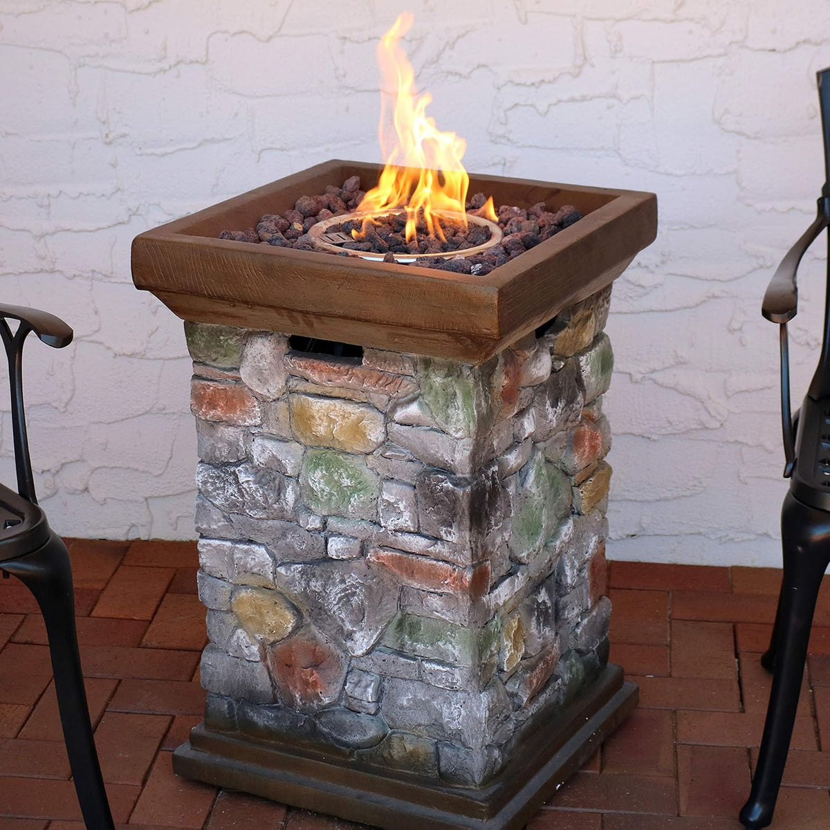 Propane Fire Pit Column with Cast Rock Design, Lava Rocks, Waterproof Cover, and Steel Burner, 30 Inch Tall F651932