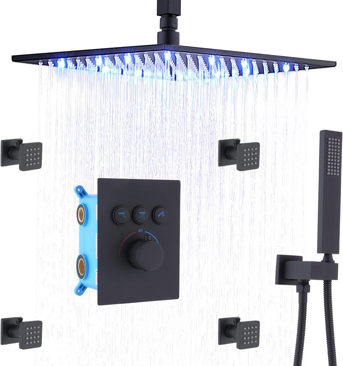 12 Inch LED Rain Shower System with Body Jets and Handheld T466807