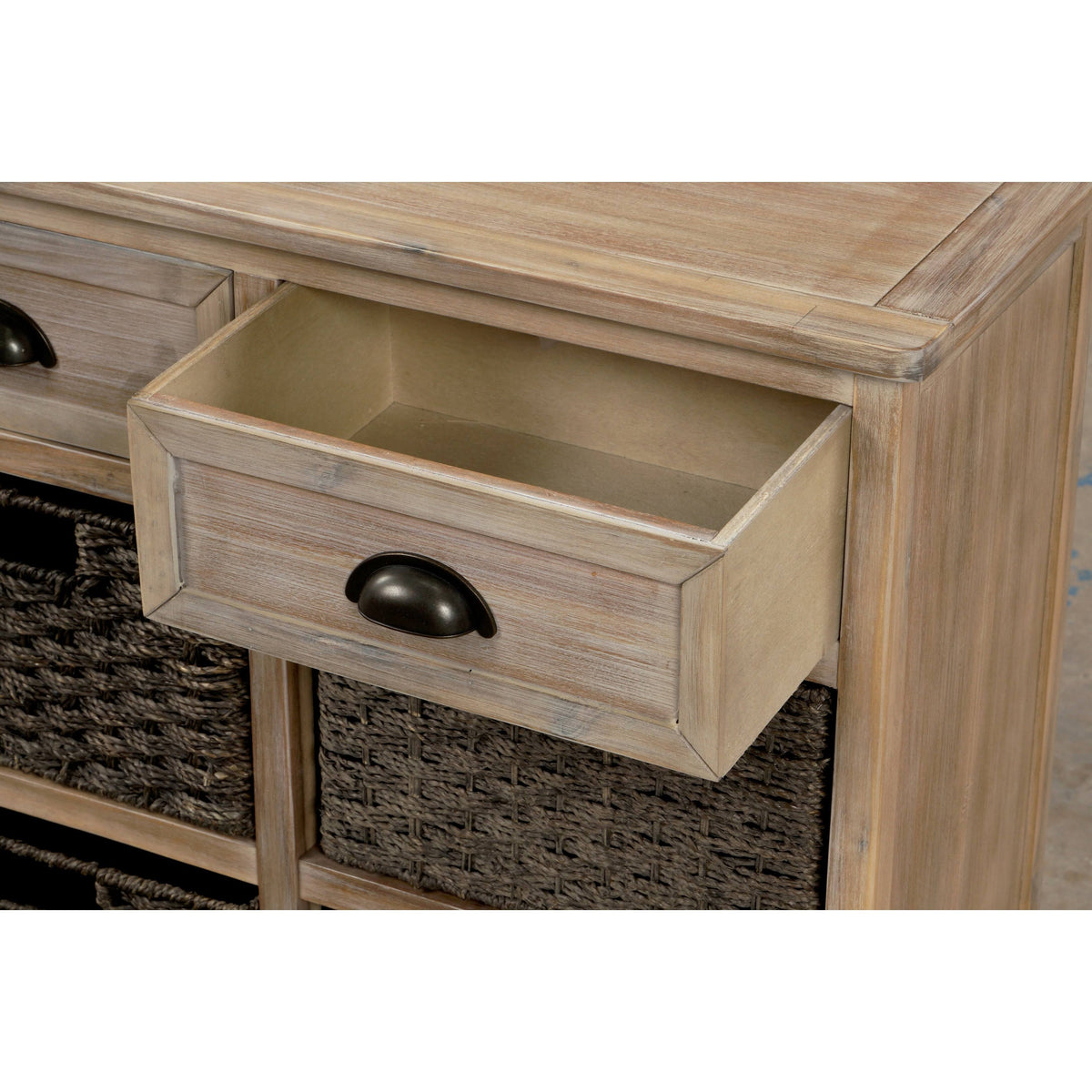 Rustic Storage Cabinet with 2 Drawers and 4 Fabric Basket R30978