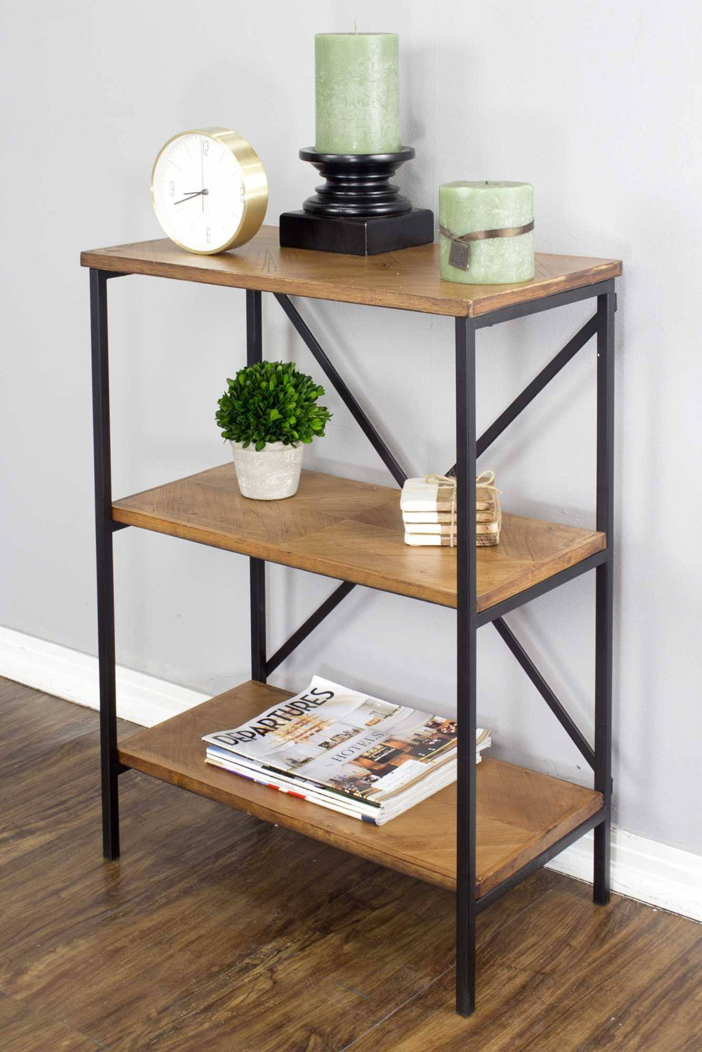 Brown Metal Wood Bookcase with 3 Shelves U6870