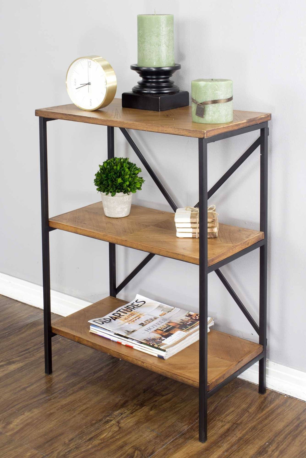 Brown Metal Wood Bookcase with 3 Shelves U6870