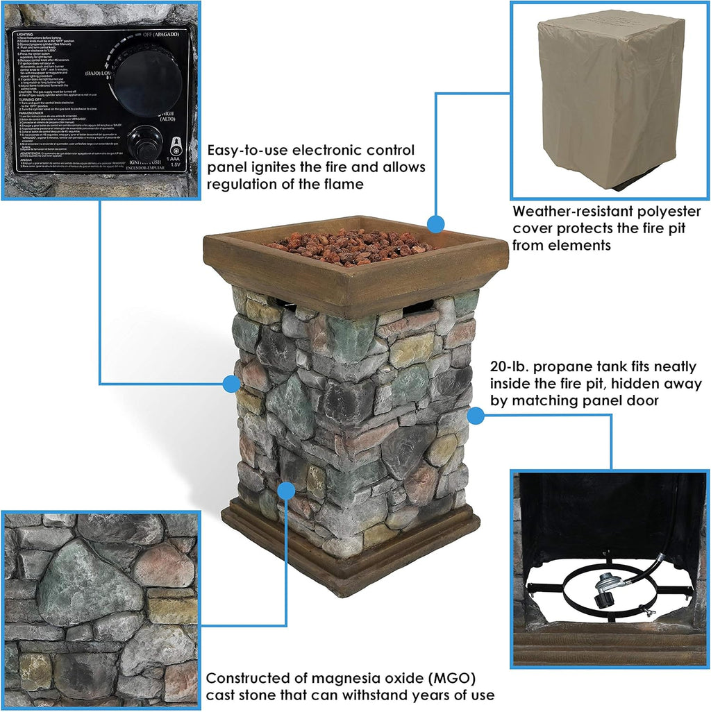 Propane Fire Pit Column with Cast Rock Design, Lava Rocks, Waterproof Cover, and Steel Burner, 30 Inch Tall F651932