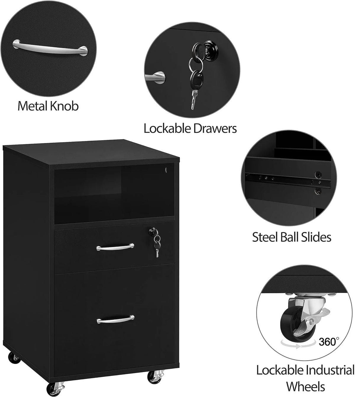 2pcs Mobile File Cabinet Letter Size Filing Cabinet with Printer Stand Black Rustic Brown R870056