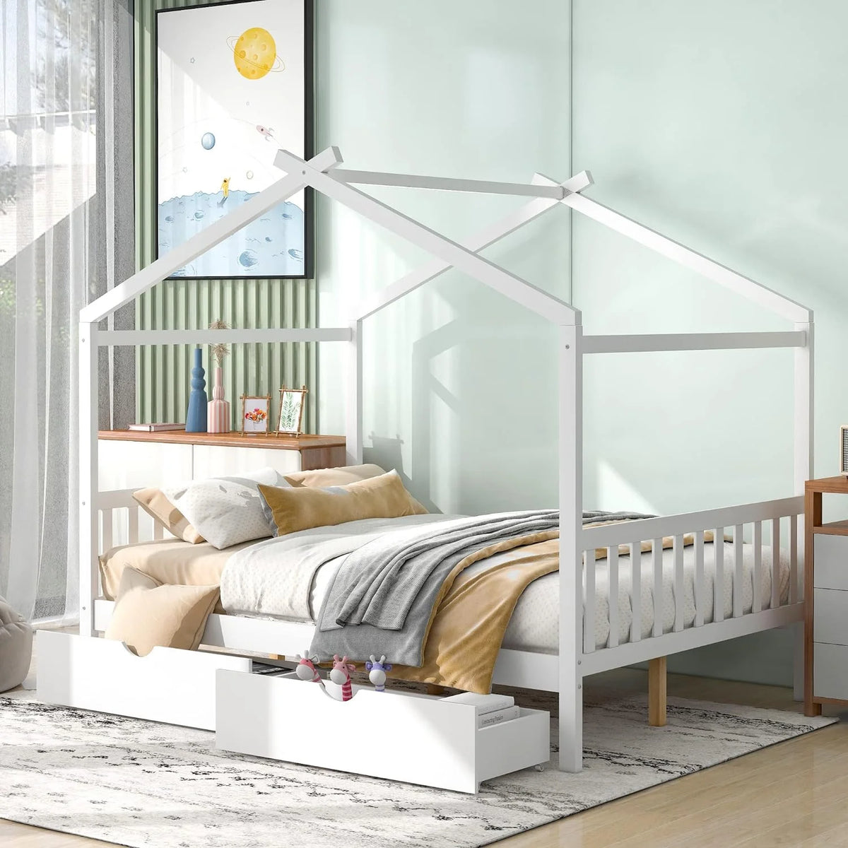 White Full Size Solid Wood House Bed with 2 Drawers B271