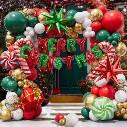 Christmas Balloon Garland Arch Kit with Banner and Red White Green Balloons O167