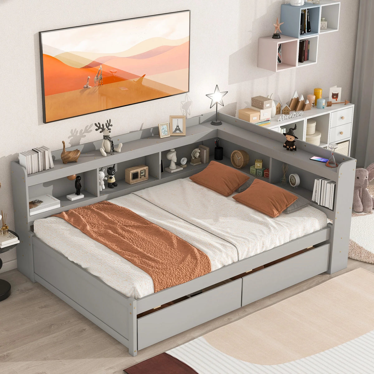 White Wood Twin Size Platform Bed with Storage Drawers O649974