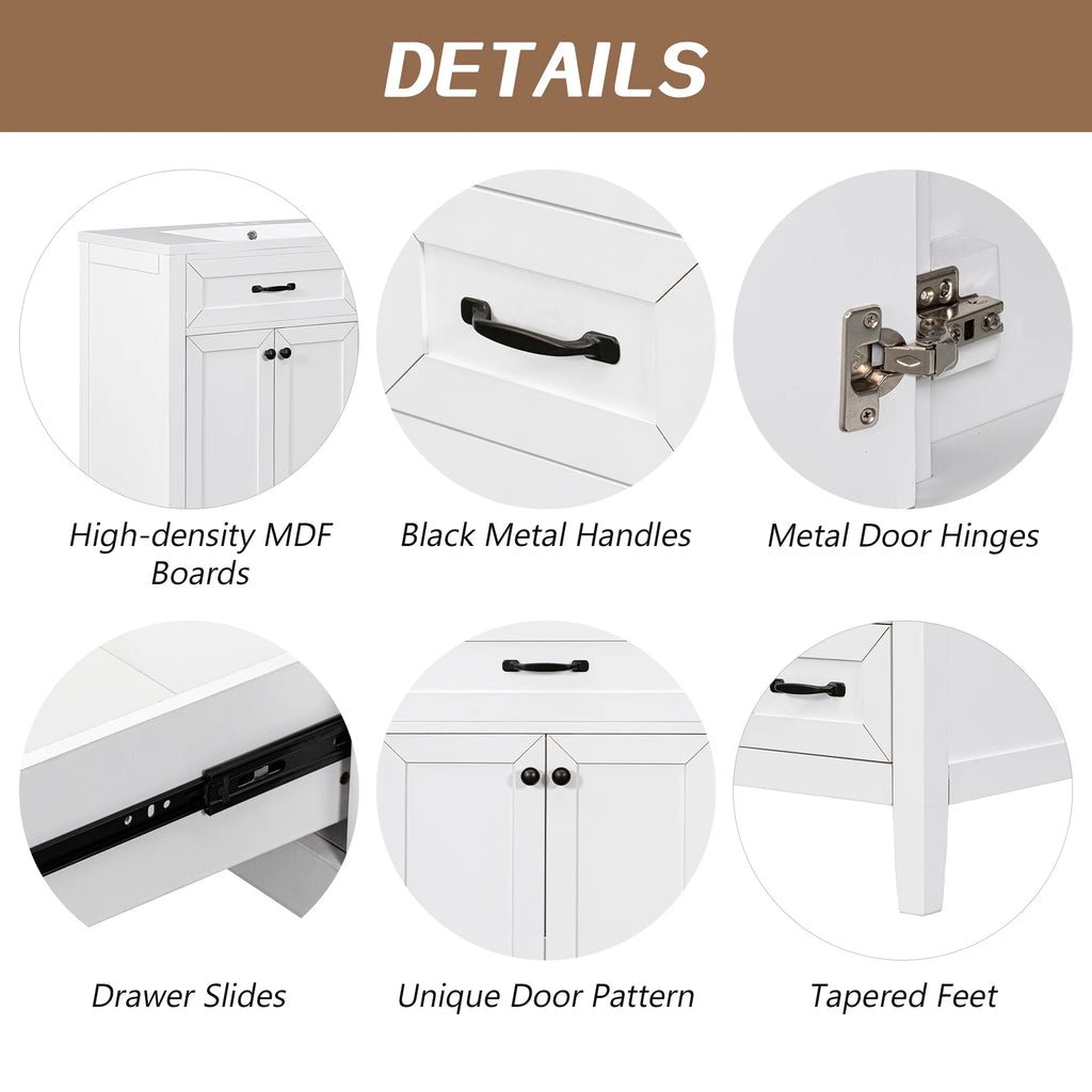36" White Single Bathroom Vanity with 2 Doors & 3 Drawers A95733