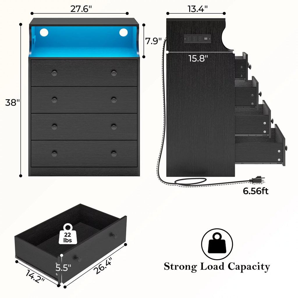 Black 4 Drawer Dresser with LED Lights and Charging Station V805619