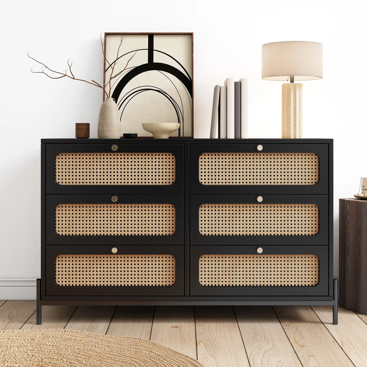 Black 6-Drawer Rattan Wood Dresser Z4296