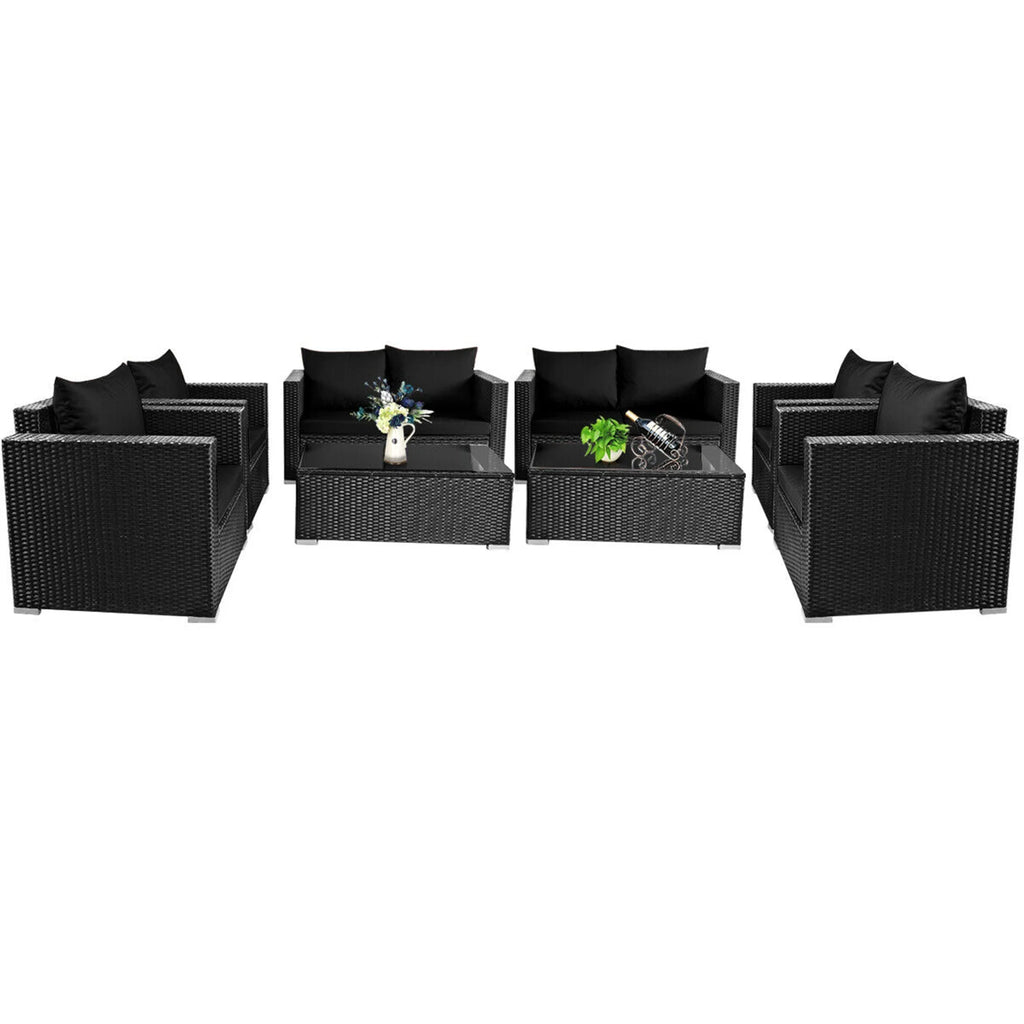 8 Pcs Rattan Patio Conversation Set with Black Cushions Z523676
