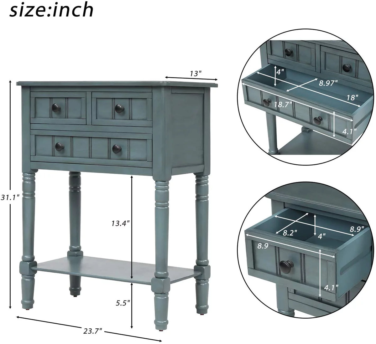 Narrow Console Table with Three Storage Drawers and Bottom Shelf P213
