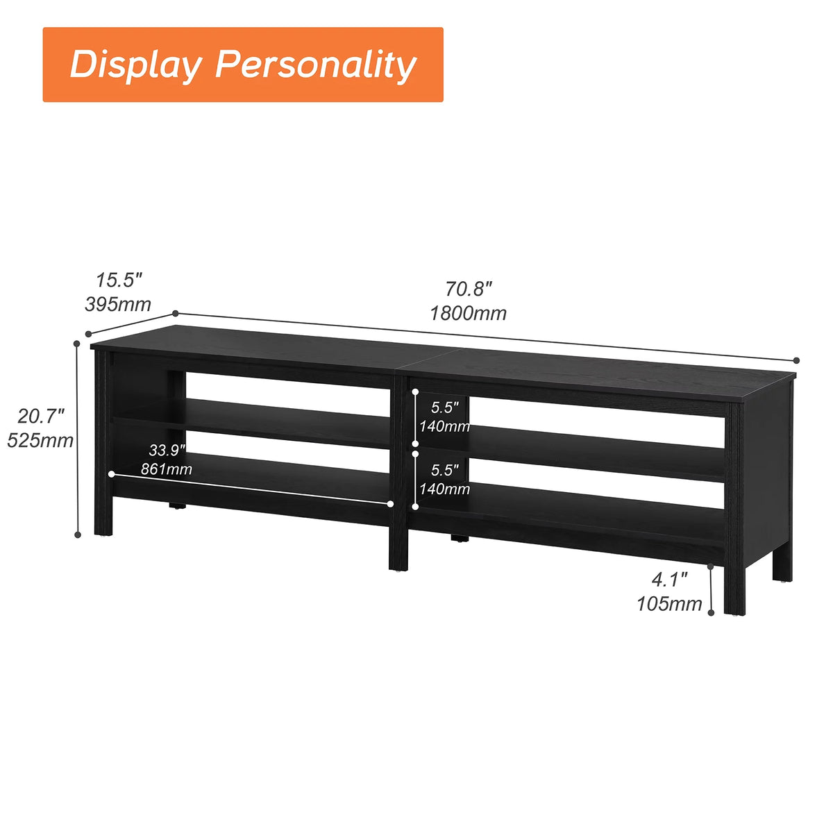 Black 70 inch Wood TV Stand with 4 Storages W9363